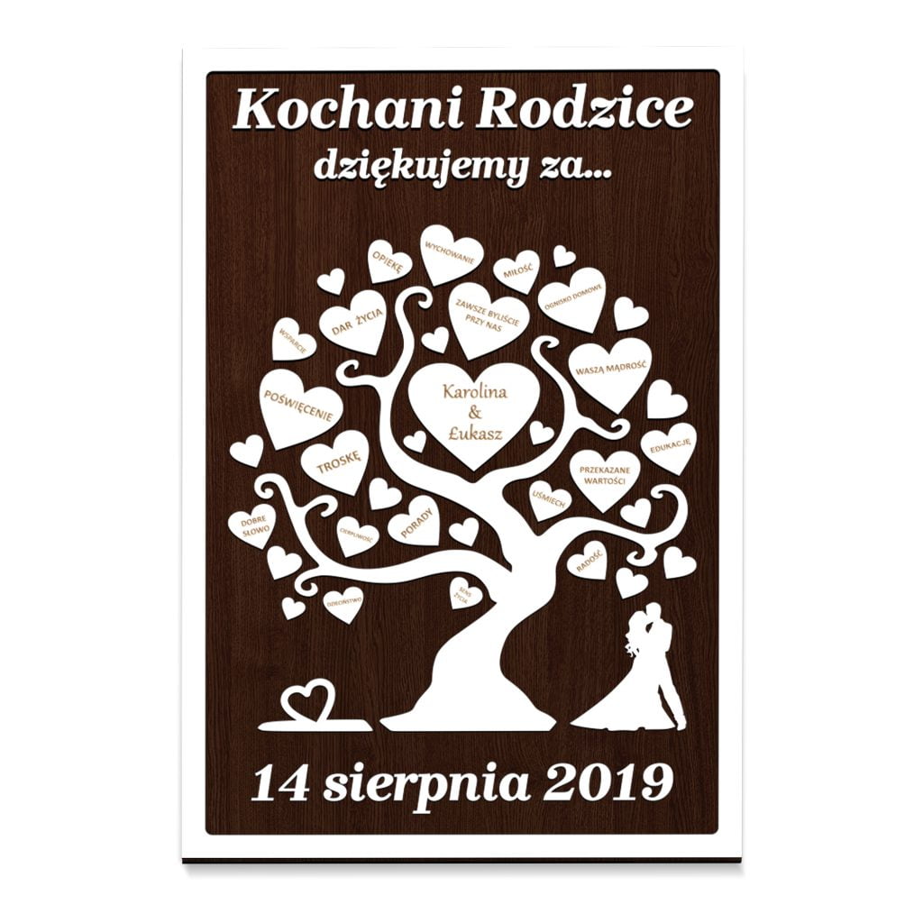 Podziękowanie dla rodziców z drzewem i sercami z grawerem