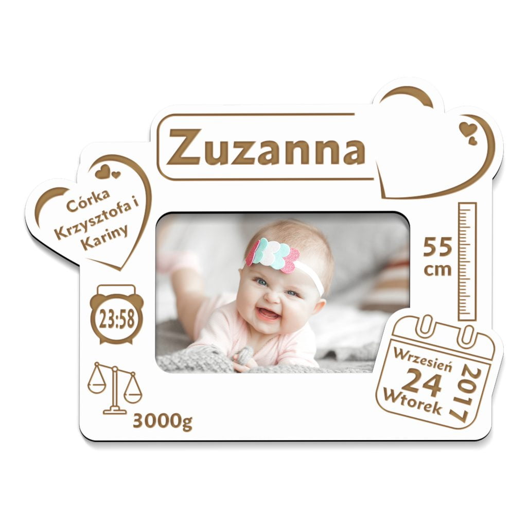 Metryczka Ramka na Zdjęcie Prezent dla Dziecka. Biała ramka HDF z grawerem.