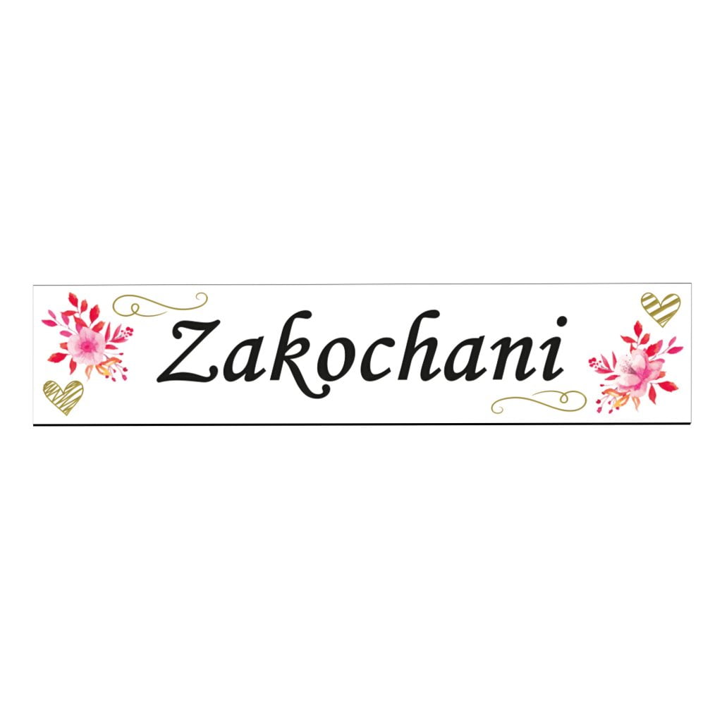 Tablica rejestracyjna ślubna z napisem "Zakochani" i kwiatami