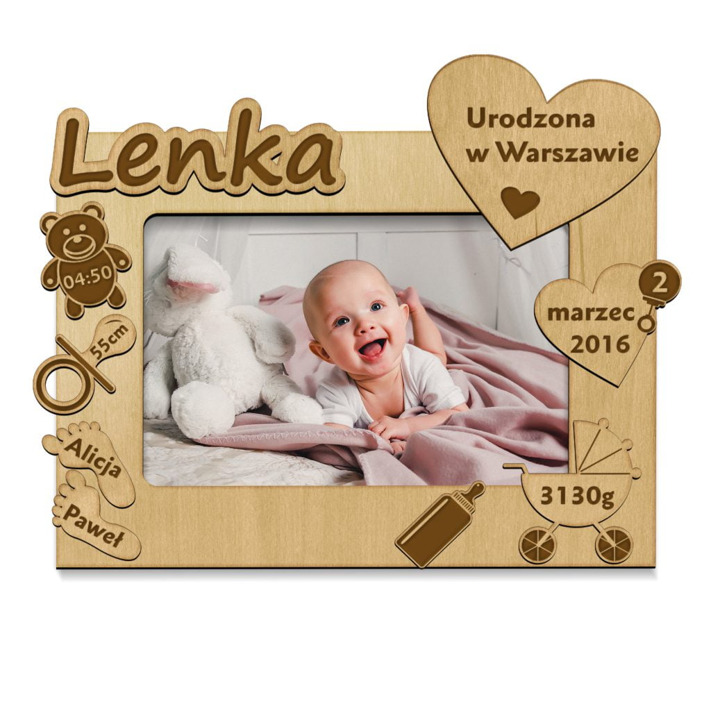 Metryczka ramka na zdjęcie ze sklejki z grawerem.