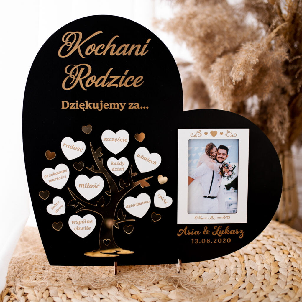 Podziękowanie dla rodziców w kształcie serca z drzewkiem z lustrzanej pleksi
