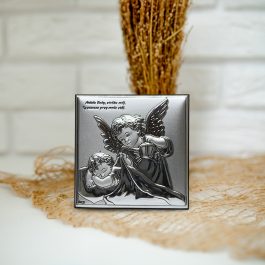 Obrazek Srebrny Aniołek z Latarenką Nad Dzieciątkiem 7×7