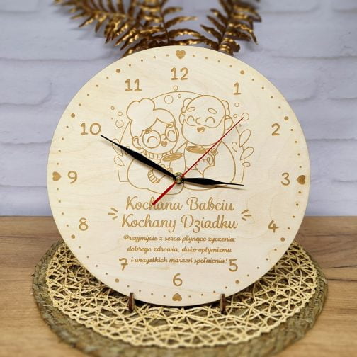Piękny okrągły zegar na Dzień Babci i Dziadka ze sklejki.