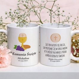 Kubek na komunię personalizowany. Personalizowany kubek pamiątka Pierwszej Komunii Świętej z imieniem dziecka i motywem kielicha z hostią.