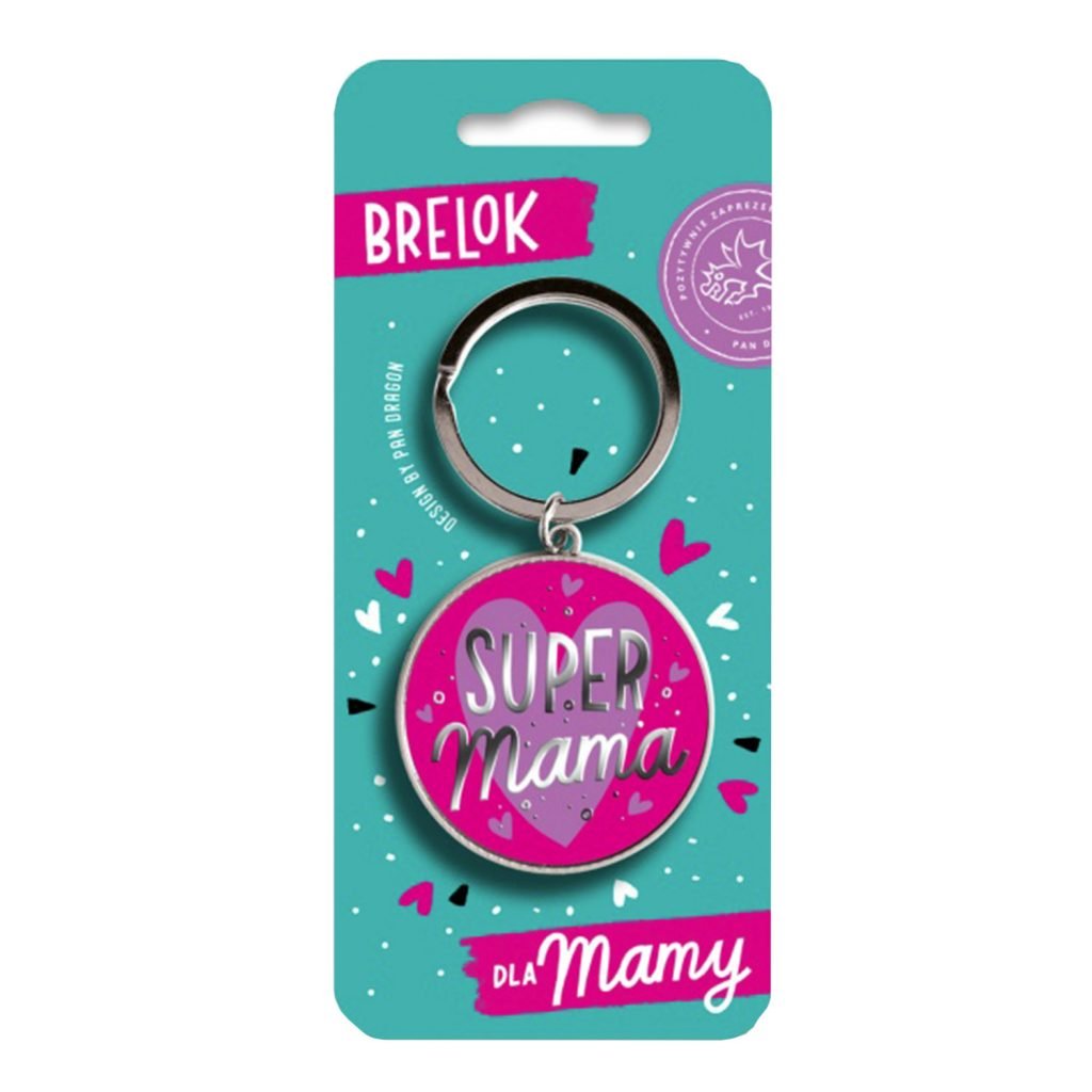 Kolorowy metalowy brelok dla mamy "Super MAMA" w kształcie kółka, idealny prezent dla każdej mamy.
