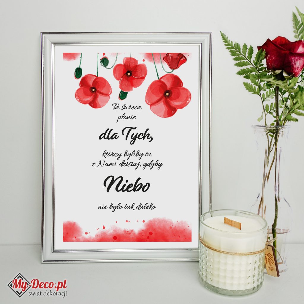 tabliczka "ta świeca płonie..." z czerwonymi makami