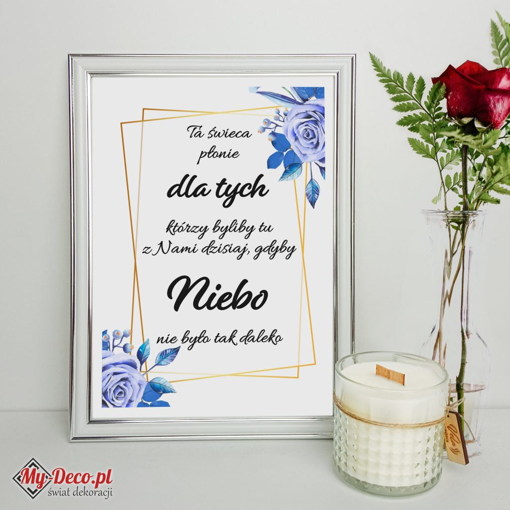 tabliczka "ta świeca płonie..." z motywem niebieskich róż