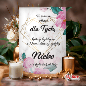 tabliczka "ta świeca płonie..." w różowe kwiaty ze złotym sercem geometryczne