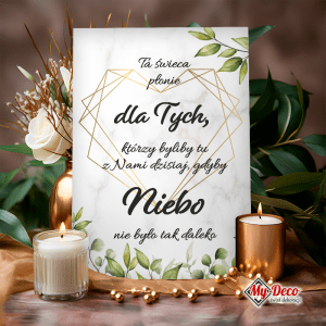 tabliczka "ta świeca płonie..." w zielone liście ze złotym geometrycznym sercem