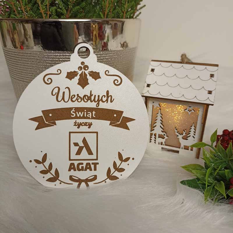 Drewniana Bombka Reklamowa z LOGO Biała HDF