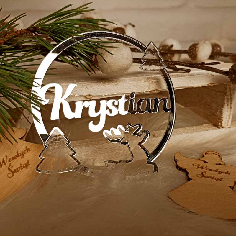 Luksusowa Bombka Imienna Renifer srebrny