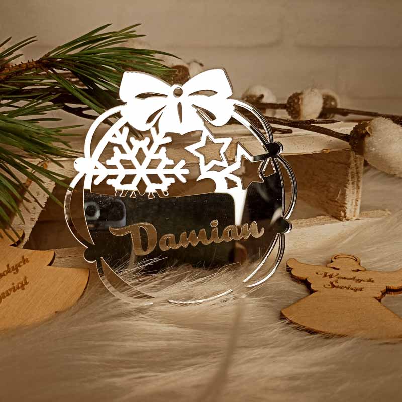 Unikatowa Lustrzana Bombka Imienna srebrna