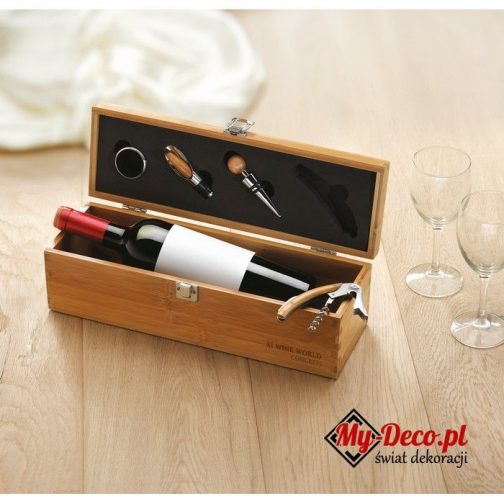 Wyjątkowy zestaw do wina w bambusowym pudełku, zawierający kołnierz, nalewak, korek i korkociąg, idealny na prezent.