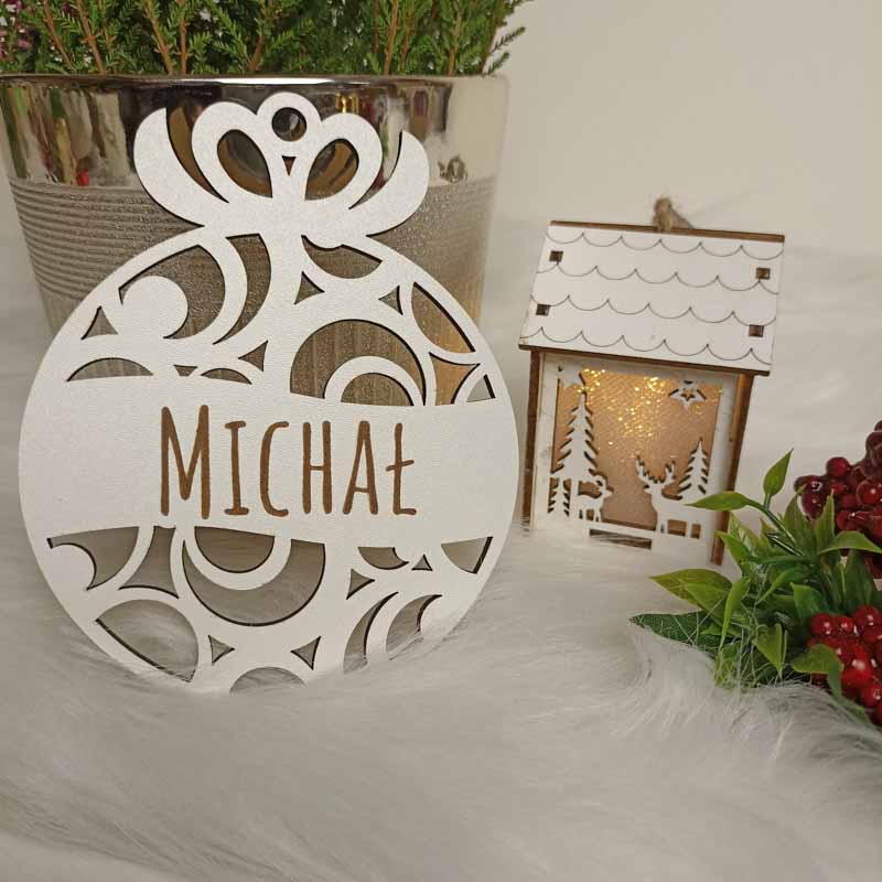 Rustykalna Ozdoba Choinkowa Imienna Biała HDF