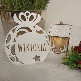 Stylowa Drewniana Bombka Imienna Biała HDF