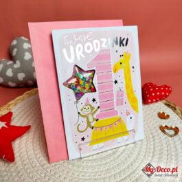 Kartka urodzinowa dla dziecka na roczek. Kolorowa kartka z efektywną cyferką 1 i kolorowymi gwiazdkami.