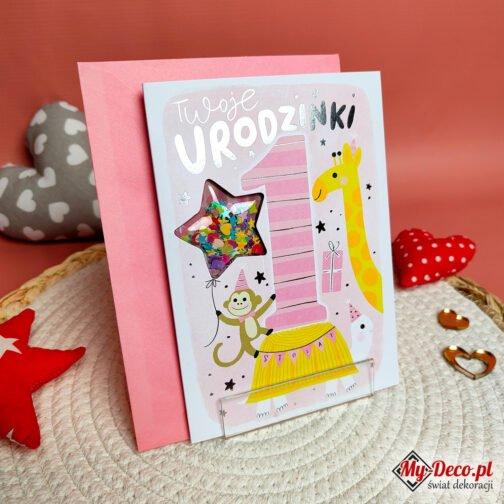 Kartka urodzinowa dla dziecka na roczek. Kolorowa kartka z efektywną cyferką 1 i kolorowymi gwiazdkami.