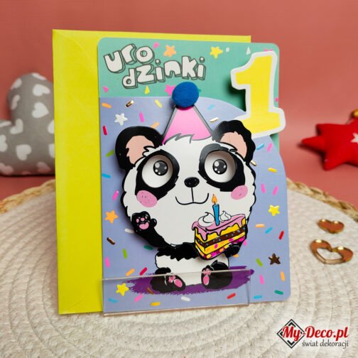 Kartka urodzinowa na Roczek dla Dziecka. Efektowna kolorowa, kartka dla dziecka z pandą z efektem 3D.