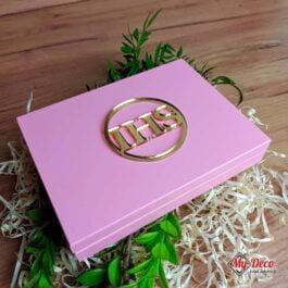 Pamiątka Komunijna drewniane pudełko różowe dla dziecka MD02