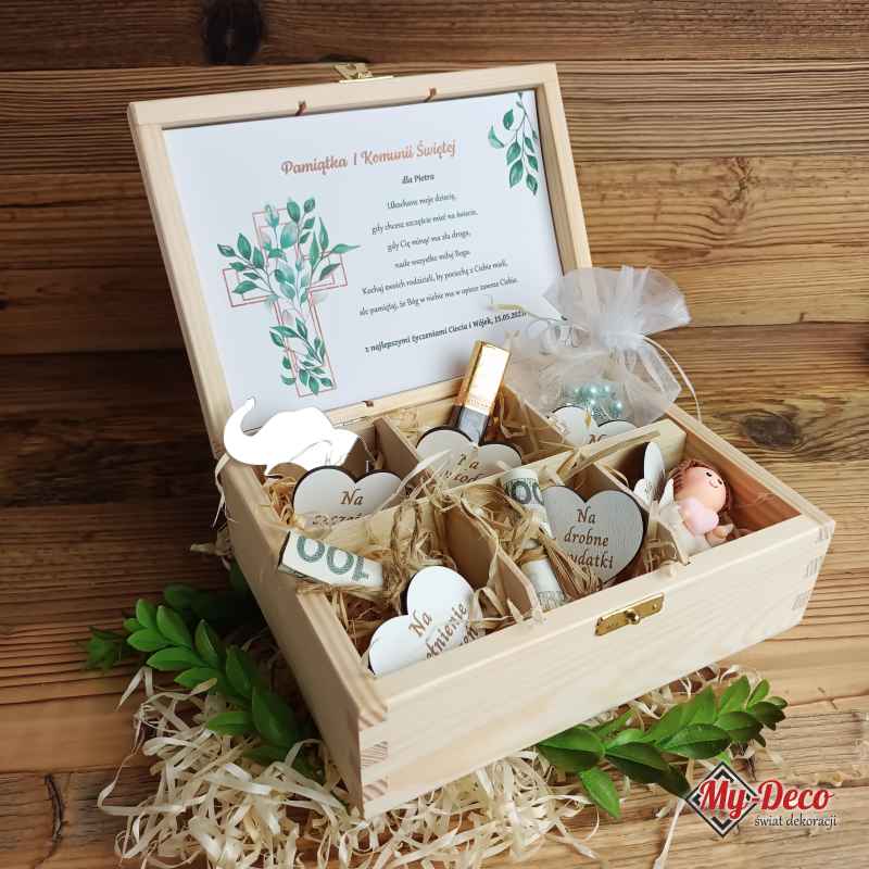 Pamiątka Komunijna drewniane pudełko herbaciarka dla dziecka – H2