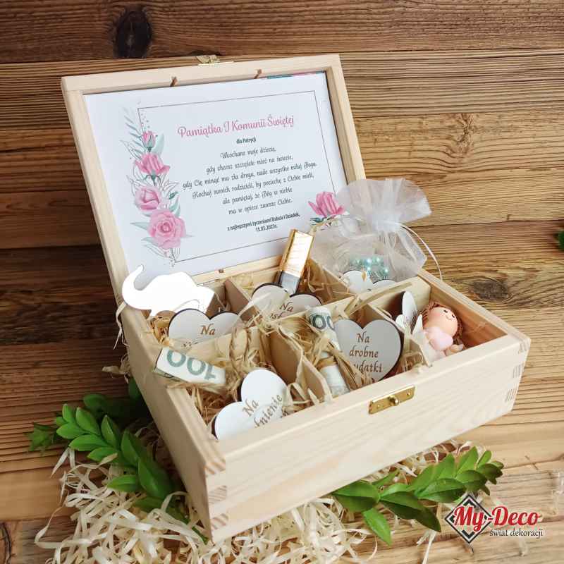 Pamiątka Komunijna drewniane pudełko herbaciarka dla dziecka – H3