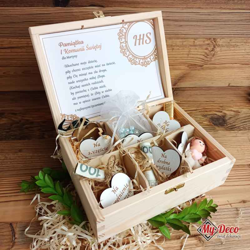 Pamiątka Komunijna drewniane pudełko herbaciarka dla dziecka – H4
