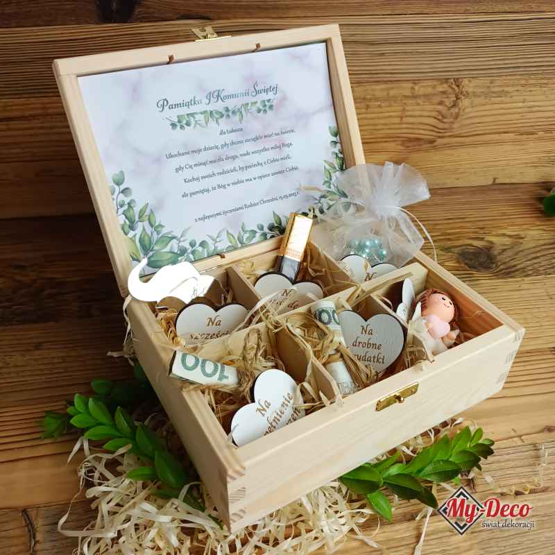 Pamiątka Komunijna drewniane pudełko herbaciarka dla dziecka – H6