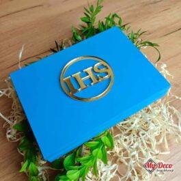 Pamiątka Komunijna drewniane pudełko niebieskie dla dziecka