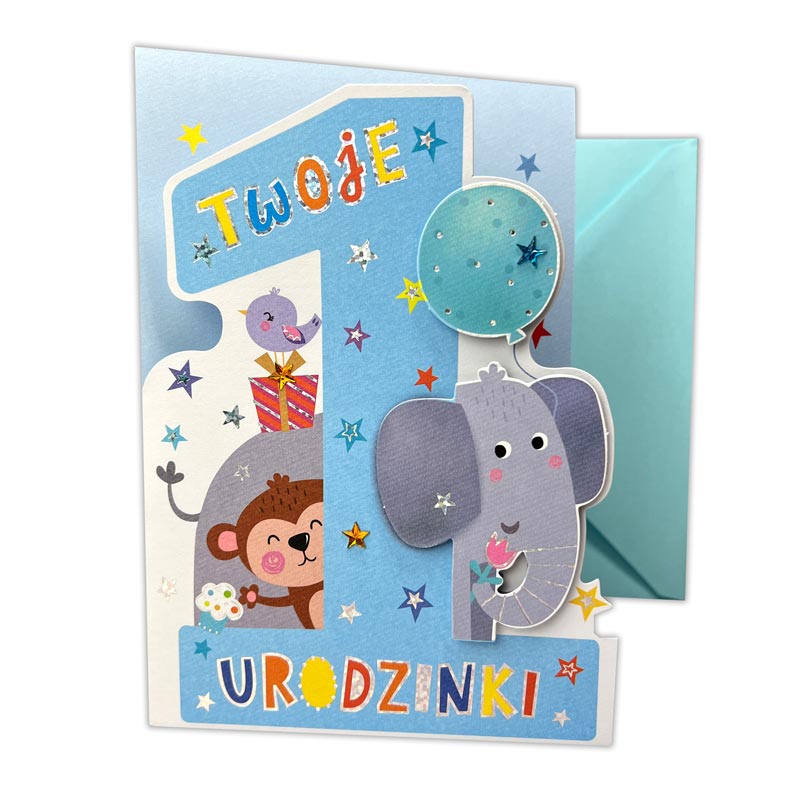Kartka urodzinowa Roczek Dziecka słonik. Kartka w kolorze niebieski z cyfrą 1 z efektem 3D w otoczeniu słonika i małpki.