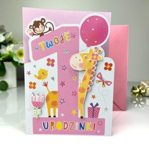 Kartka Urodzinowa Roczek dla Dziewczynki Żyrafa. Karka w kolorze różowym z cyferka 1 z efektem 3D w towarzystwie żyrafy i małpki.