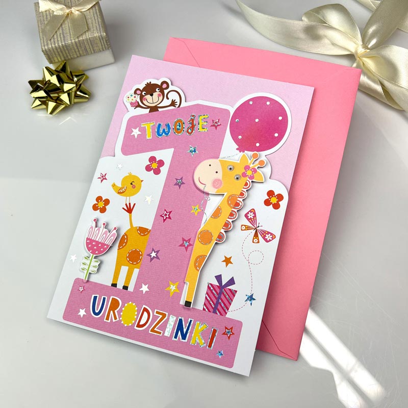 Kartka Urodzinowa Roczek dla Dziewczynki Żyrafa. Karka w kolorze różowym z cyferka 1 z efektem 3D w towarzystwie żyrafy i małpki.