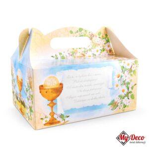 Ozdobne Pudełko na Ciasto 10szt. Komunia. Opakowanie na ciasto z motywem graficznym na komunię i krótka sentencja podziękowania.