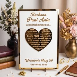 Podziękowanie dla Nauczyciela. Eleganckie podziękowanie dla nauczyciela z grawerowanym lustrzanym sercem w ramce 40x27 cm na prezent