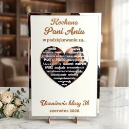 Podziękowanie dla Nauczyciela. Eleganckie podziękowanie dla nauczyciela z grawerowanym lustrzanym sercem w ramce 40x27 cm na prezent