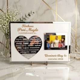 Personalizowany Prezent dla Nauczyciela. Personalizowane podziękowanie dla nauczyciela z lustrzanym sercem i ramką na zdjęcie klasy
