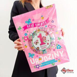 Duży karnet z życzeniami Roczek Dziecka, kolorowa kartka w odcieniach różu z efektywną cyferką 1 w 3D.