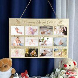 Ramka Tablica na 12 zdjęć Pierwszy Rok życia, personalizowana ramka z imieniem dziecka.