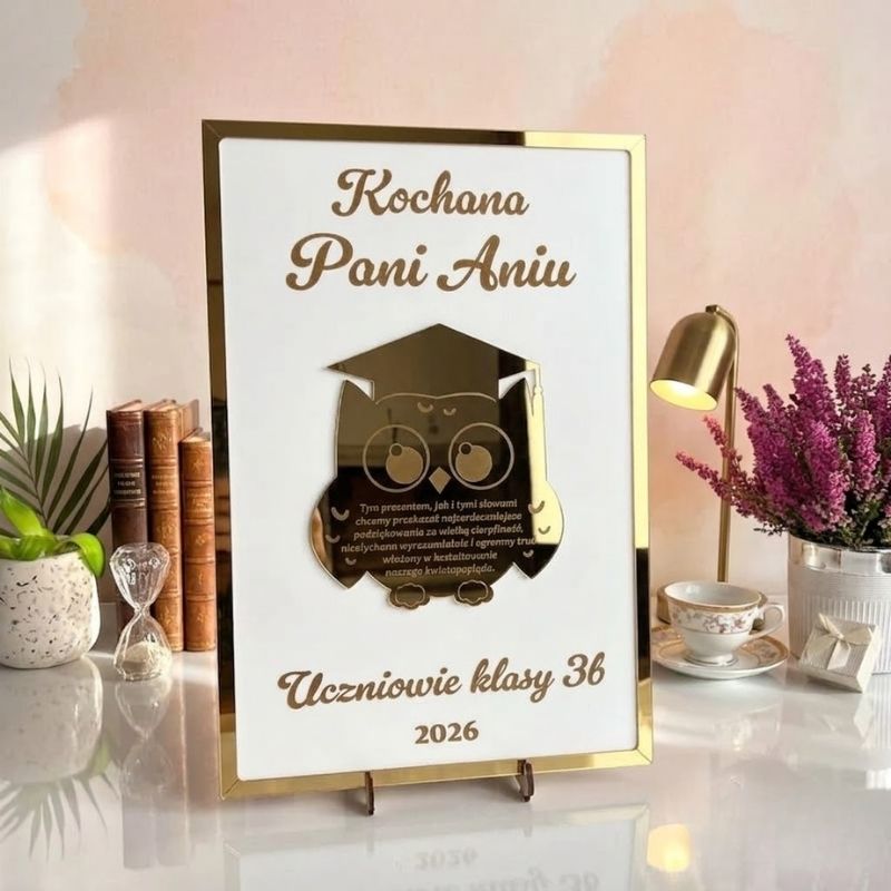 Prezent na Koniec Roku dla Nauczyciela. Drewniana ramka z personalizowanym grawerem i złotą sową jako prezent dla nauczyciela.
