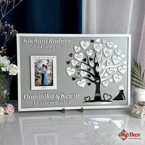 Spersonalizowane podziękowania dla rodziców z drzewkiem życzeń ze zdjęciem w ramce - idealny, emocjonalny prezent na ślub. Srebrne lustro