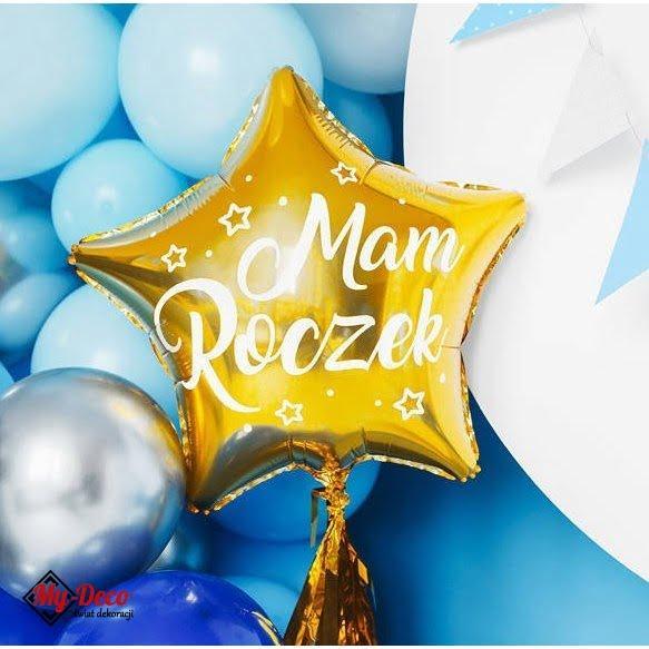 Balonik złota gwiazdka z  napisem "Mam Roczek"