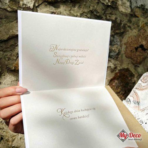 Kartka Pamiątka na Ślub Życzenia Prezent, napis na kartce W dniu Ślubu w kolorze złotym.