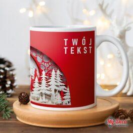 Kubek z czerwono biała grafiką świąteczną. Kubek reklamowy Świąteczne Choinki z logo Prezent