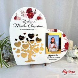 Podziękowanie na Komunię dla Chrzestnych od Dziecka MD582. Personalizowane serce dla rodziców chrzestnych od dziecka w dniu komunii, obraz z nadrukiem UV czerwonych kwiatów.