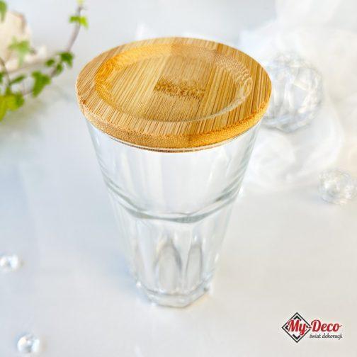 Szklanka z Bambusową Podstawką Przykrywką Prezent. Szklanka szklana z bambusową pokrywką lub podkładką. szklanka pojemność 300 ml.