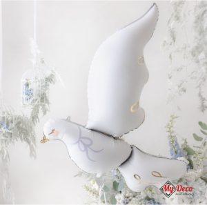 Balon foliowy Gołąb Dekoracja sali Komunia Chrzest. Biały gołąb z matowej foli ze złotymi dodatkami.