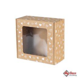 Pudełko kartonowe ozdobne Prezenty Przechowywanie. Pudełko w kolorze craftowym z białymi serduszkami z okienkiem.