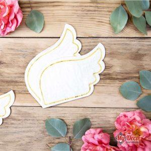 Serwetki skrzydła anioła Komunia Chrzest Urodziny. Białe serwetki skrzydłą anioła ze złotym dodatkiem na rogach.