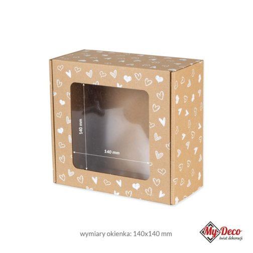 Pudełko kartonowe ozdobne Prezenty Przechowywanie. Pudełko w kolorze craftowym z białymi serduszkami z okienkiem.