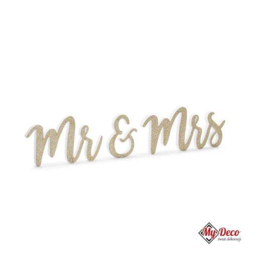 Drewniany napis Mr & Mrs Biało Złoty Brokat
