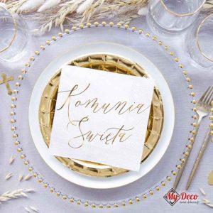 Serwetki białe Złoty napis Komunia Święta Dekoracja stołu